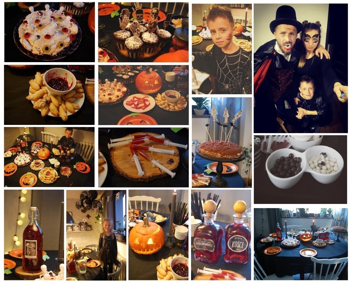 NASZ HALLOWEEN. Jedzenie jakie zaserwowalam.to ciasto bezowe z dodatkiem żelków w kształcie gałek ocznych dookola posmarowane dzemem porzeczkowym zeby wygladalo wizualnie fajnie I prawdziwie (wg syna przyjecie nie mialo wygladac fajnie a strasznie, dlatego staralam.sie aby bylo dopasowane do wieku) bezy w ksztalcie duszkow, pazury wiedzmy (ciasto kruche z dodatkiem migdalow uzyty jako.pazokieć) dodatkowo w pólmisku dzem.jako atrapa krwi, strzykawki wypelnione ketchupem, muffinki czekoladowe z dzemem porzeczkowym,kopiec kreta -ciasto wygladajace jak góra piachu a na patyczkach umiescilsm.szkielety I nietoperze,flakoniki wypelnione kompotem z wisni ( wisnie plywajace w srodku) z podpisem wywar z kosci itp.  ,glisty zrobione z galaretki ktore zalalam w słomkach do picia a potem zostaly wycisniete.  :-) I przyjecie udane.
dzielnica: Kochłowice