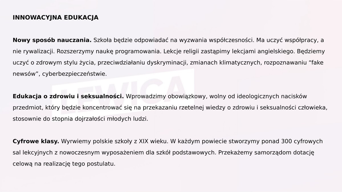 Program lewicy przygotowany na wybory parlamentarne 2019.