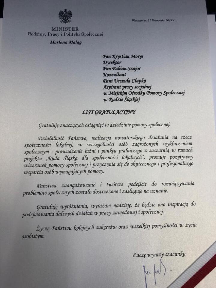 Pracownicy Ośrodka Pomocy Społecznej w Rudzie Śląskiej wyróżnieni przez Ministra Rodziny, Pracy i Polityki Społecznej! Dyrektor Krystian Morys, a także Urszula Cłapka i Fabian Szajor otrzymali list gratulacyjny za wybitne, nowatorskie rozwiązania w zakresie pomocy społecznej w roku 2019.